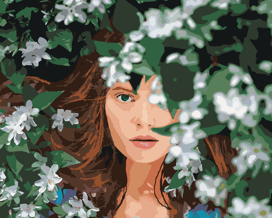 Diamond painting - ROTHAARIGE FRAU UND WEISSE BLUMEN