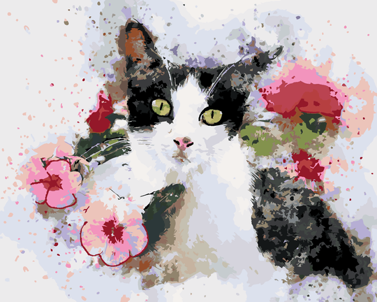 Diamond painting - SCHWARZ-WEISSE KATZE UND ROSA BLUMEN
