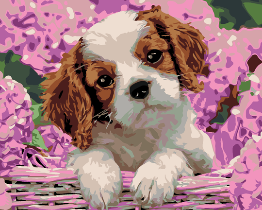 Diamond painting - HUNDEWELPEN UND HORTENSIEN