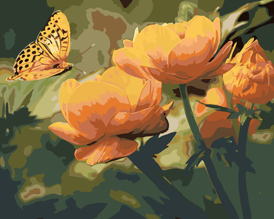 Diamond painting - SCHMETTERLING UND ORANGEFARBENE BLUMEN