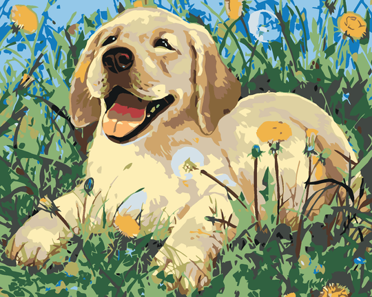 Diamond painting - HUNDEWELPE IM LÖWENZAHN