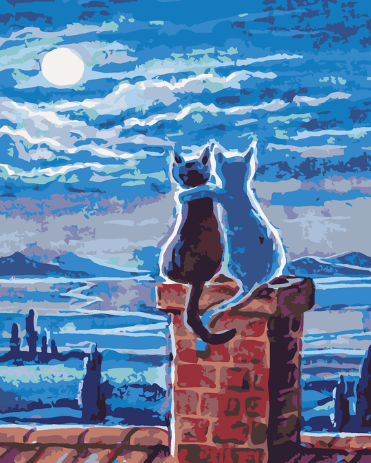 Diamond painting - KATZEN AUF DEM DACH UND DER MOND
