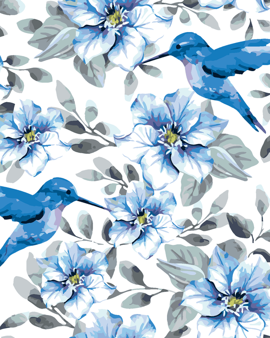 Diamond painting - BLAUE BLUMEN UND KOLIBRIS