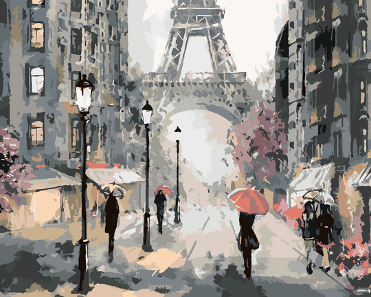 Diamond painting - PARIS UND MENSCHEN MIT ROSA REGENSCHIRMEN