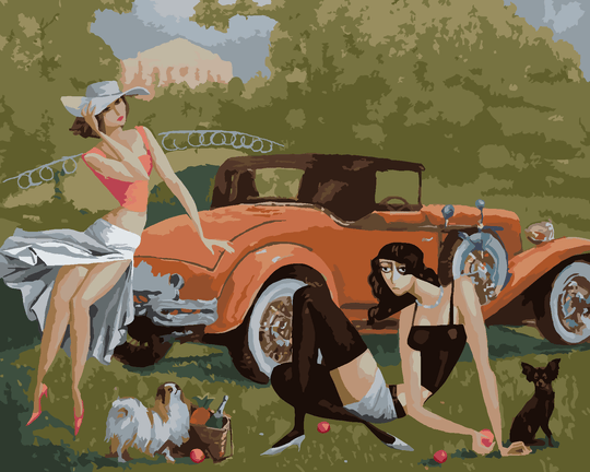 Diamond painting - DAMEN MIT HUNDEN AM AUTO