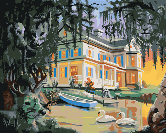 Diamond painting - ILLUSION VON TIEREN, HAUS UND SCHWÄNE AUF DEM SEE (D. RUSTY RUST)