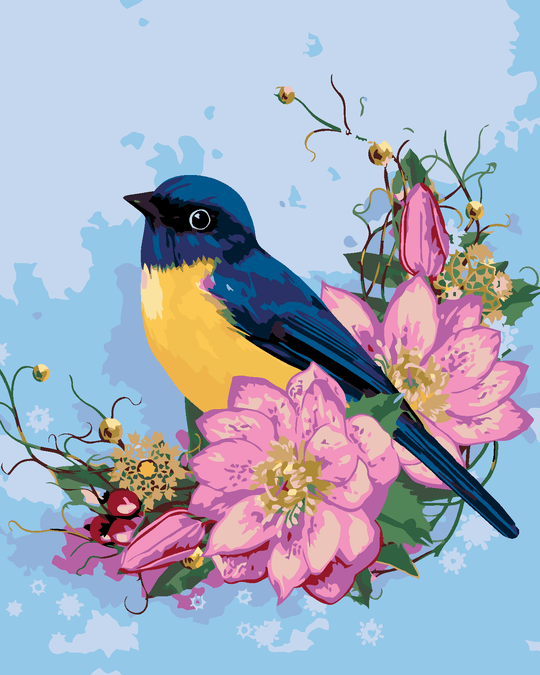 Diamond painting - BLAUER VOGEL UND ROSA BLUMEN