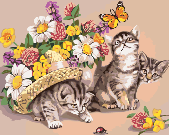 Diamond painting - KÄTZCHEN MIT HUT UND BLUMEN