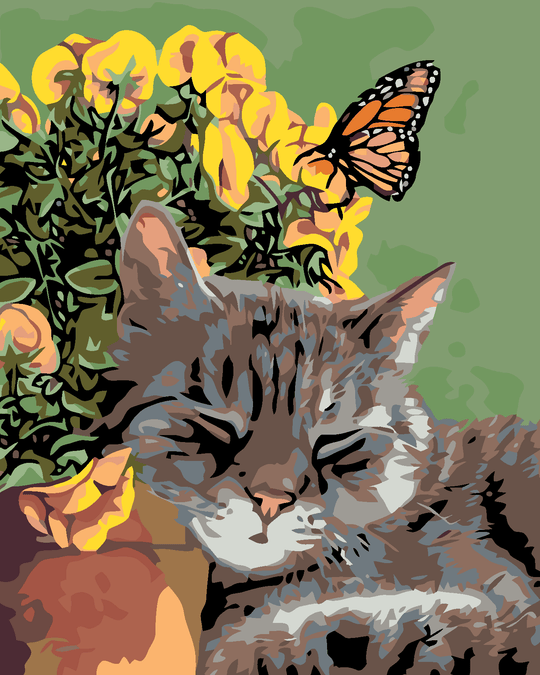 Diamond painting - RUHENDER KATER UND SCHMETTERLING IN BLUMEN