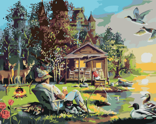 Diamond painting - MANN MIT HUNDEN, DIE AN EINEM SEE ANGELN, HÜTTE, ENTEN UND REH (D. RUSTY RUST)